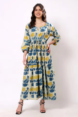 Sajag Blue Botanical Print Tie-Waist Tiered Maxi Dress
