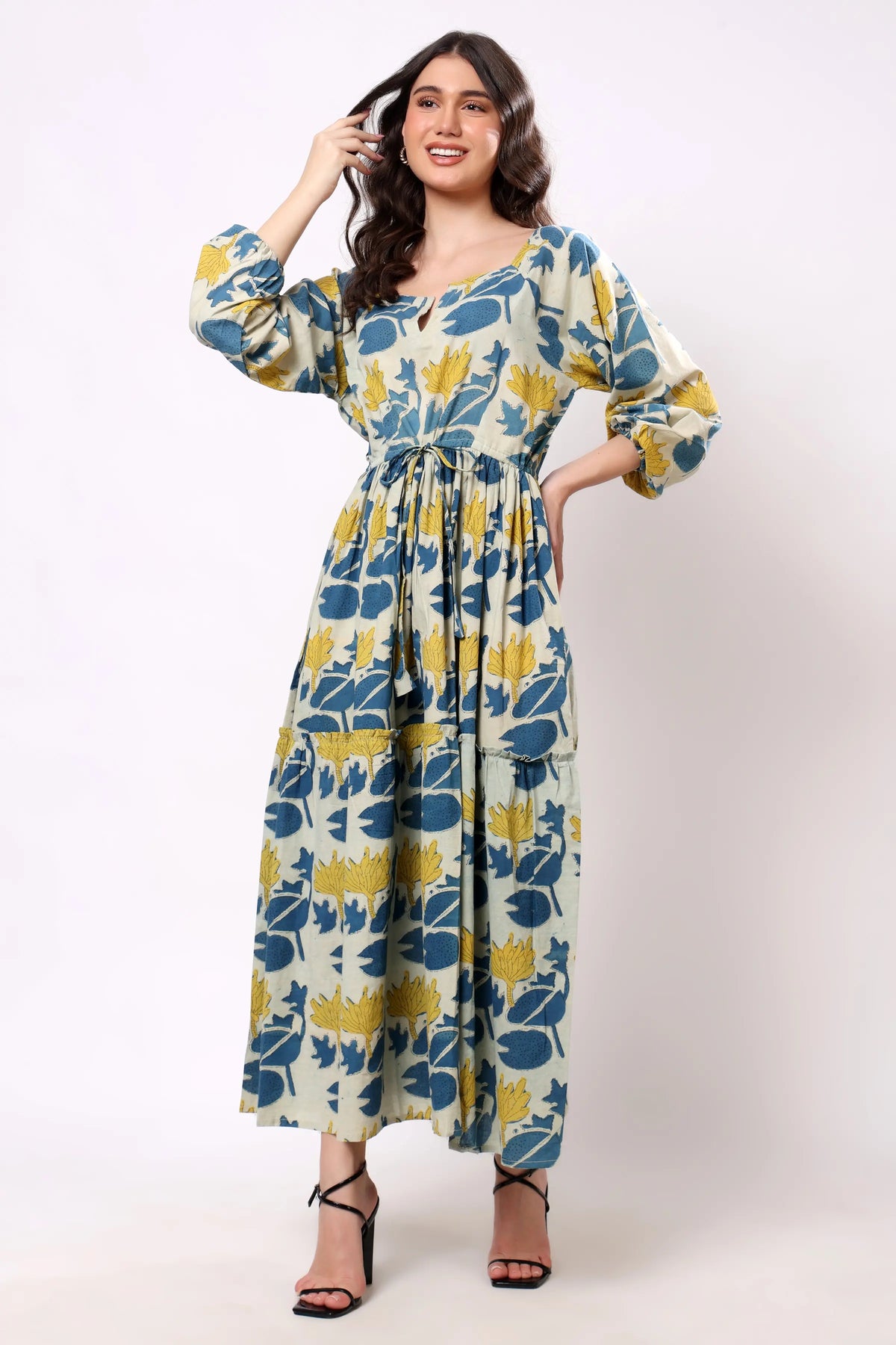 Sajag Blue Botanical Print Tie-Waist Tiered Maxi Dress