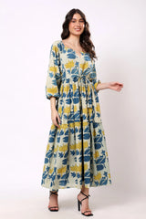 Sajag Blue Botanical Print Tie-Waist Tiered Maxi Dress