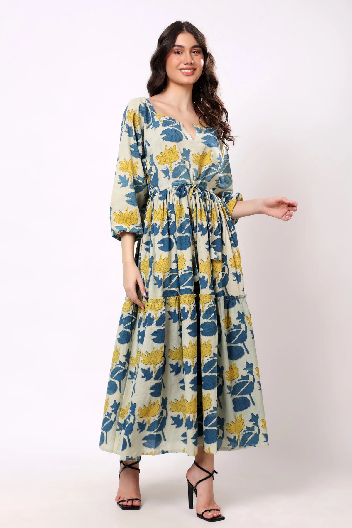 Sajag Blue Botanical Print Tie-Waist Tiered Maxi Dress
