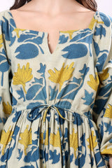 Sajag Blue Botanical Print Tie-Waist Tiered Maxi Dress