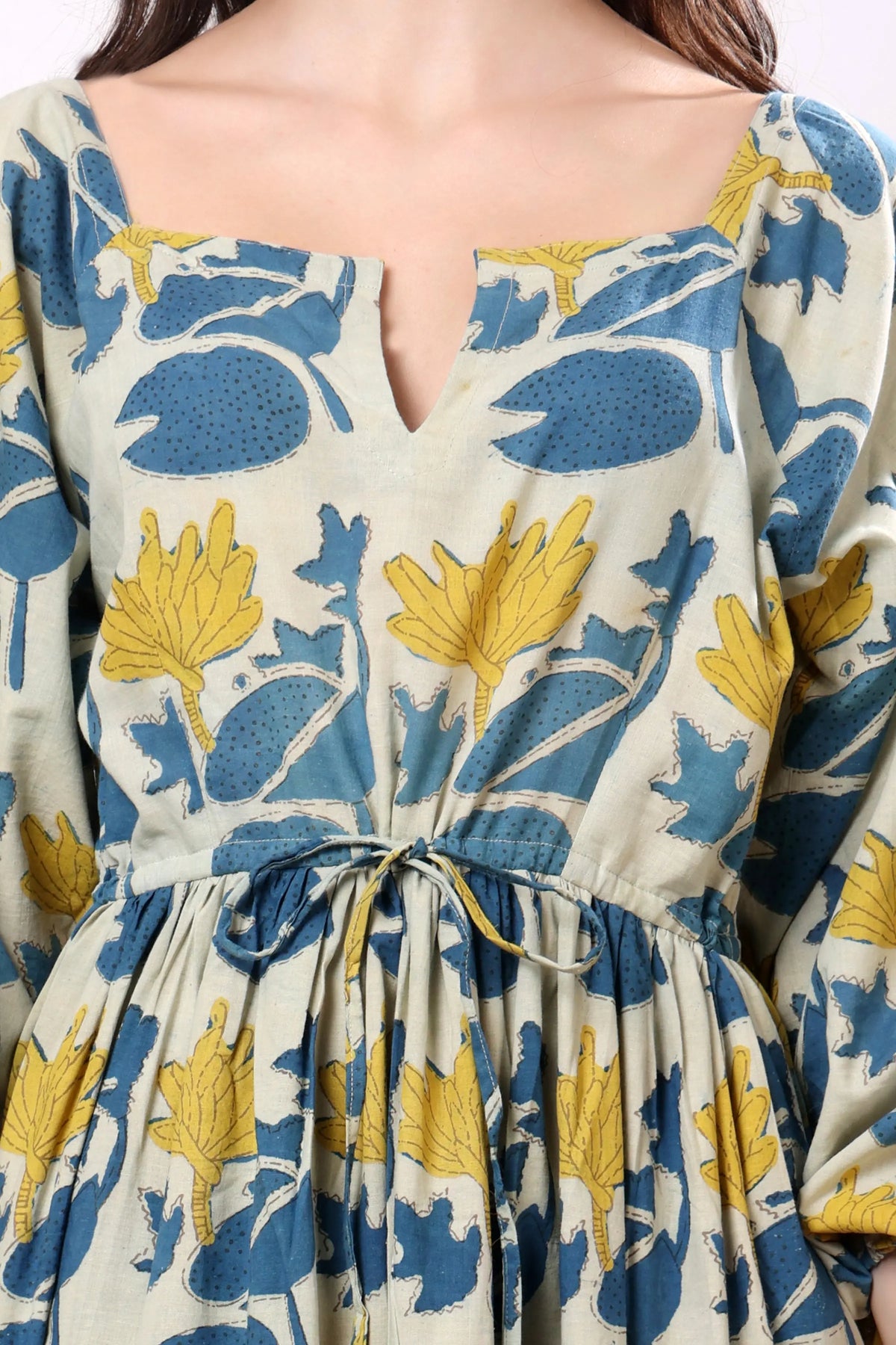 Sajag Blue Botanical Print Tie-Waist Tiered Maxi Dress