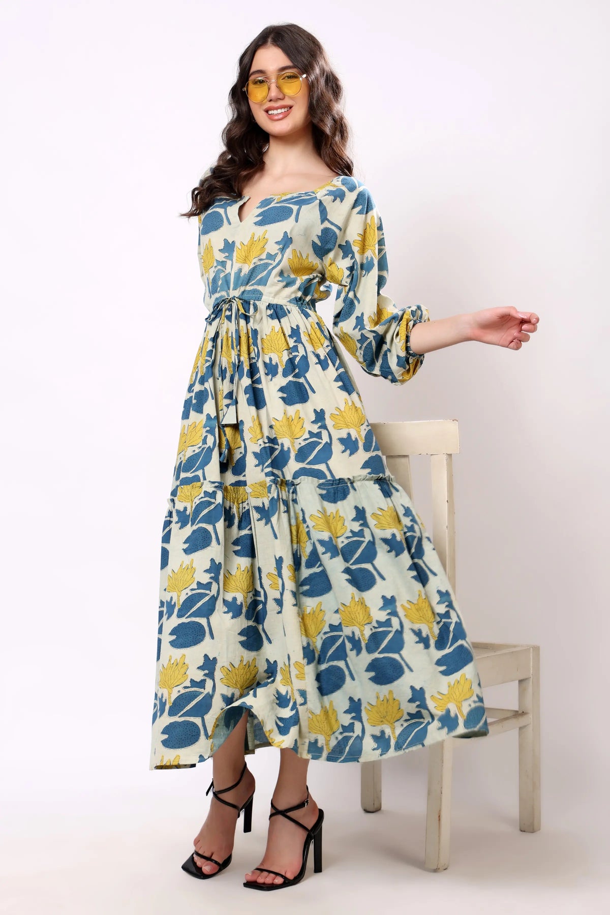 Sajag Blue Botanical Print Tie-Waist Tiered Maxi Dress
