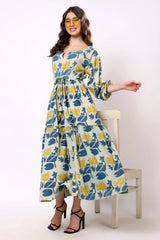 Sajag Blue Botanical Print Tie-Waist Tiered Maxi Dress