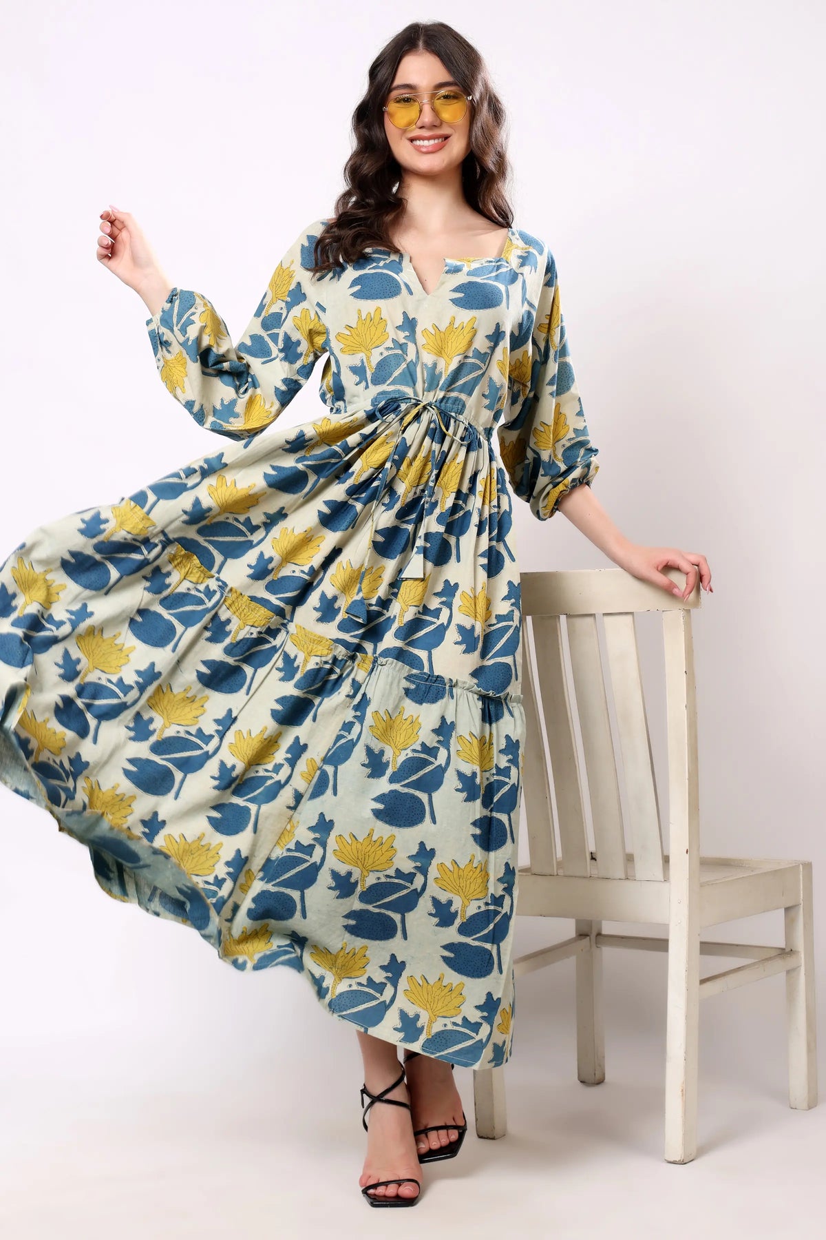 Sajag Blue Botanical Print Tie-Waist Tiered Maxi Dress
