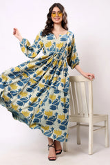 Sajag Blue Botanical Print Tie-Waist Tiered Maxi Dress