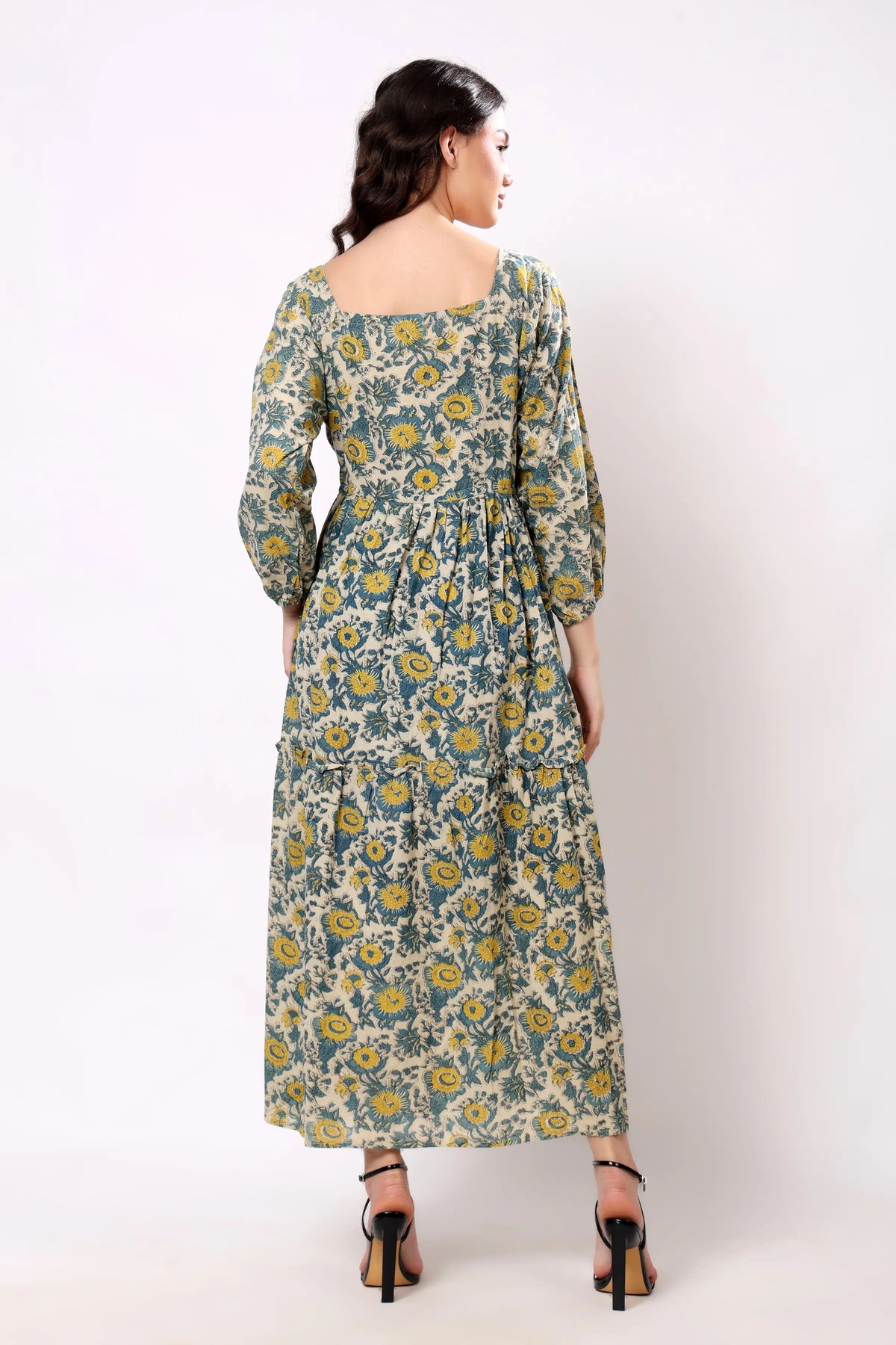 Sajag Blue Floral Gathered-Waist Tiered Maxi Dress