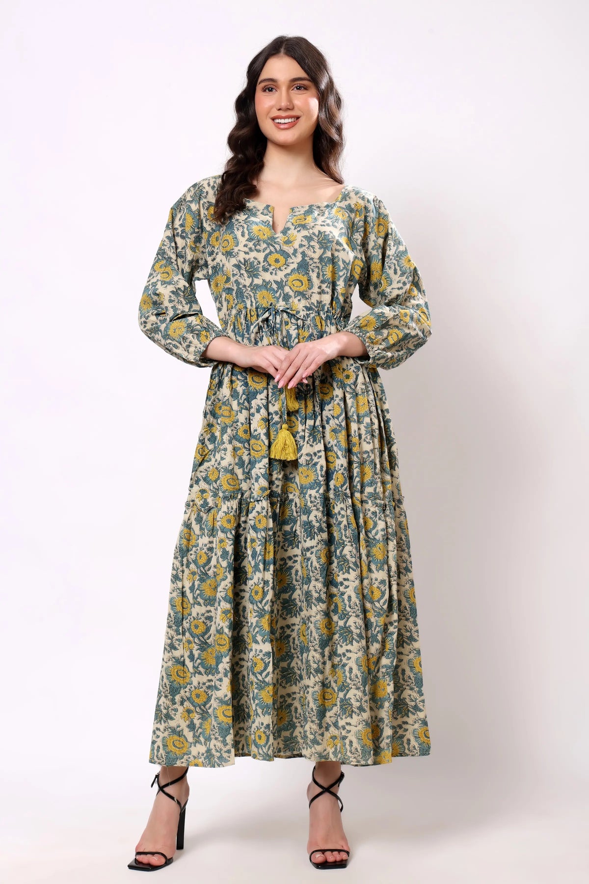Sajag Blue Floral Gathered-Waist Tiered Maxi Dress