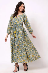 Sajag Blue Floral Gathered-Waist Tiered Maxi Dress