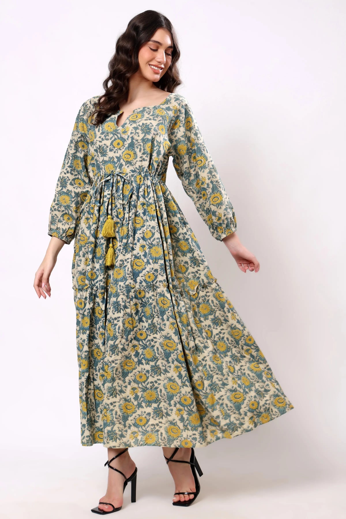 Sajag Blue Floral Gathered-Waist Tiered Maxi Dress