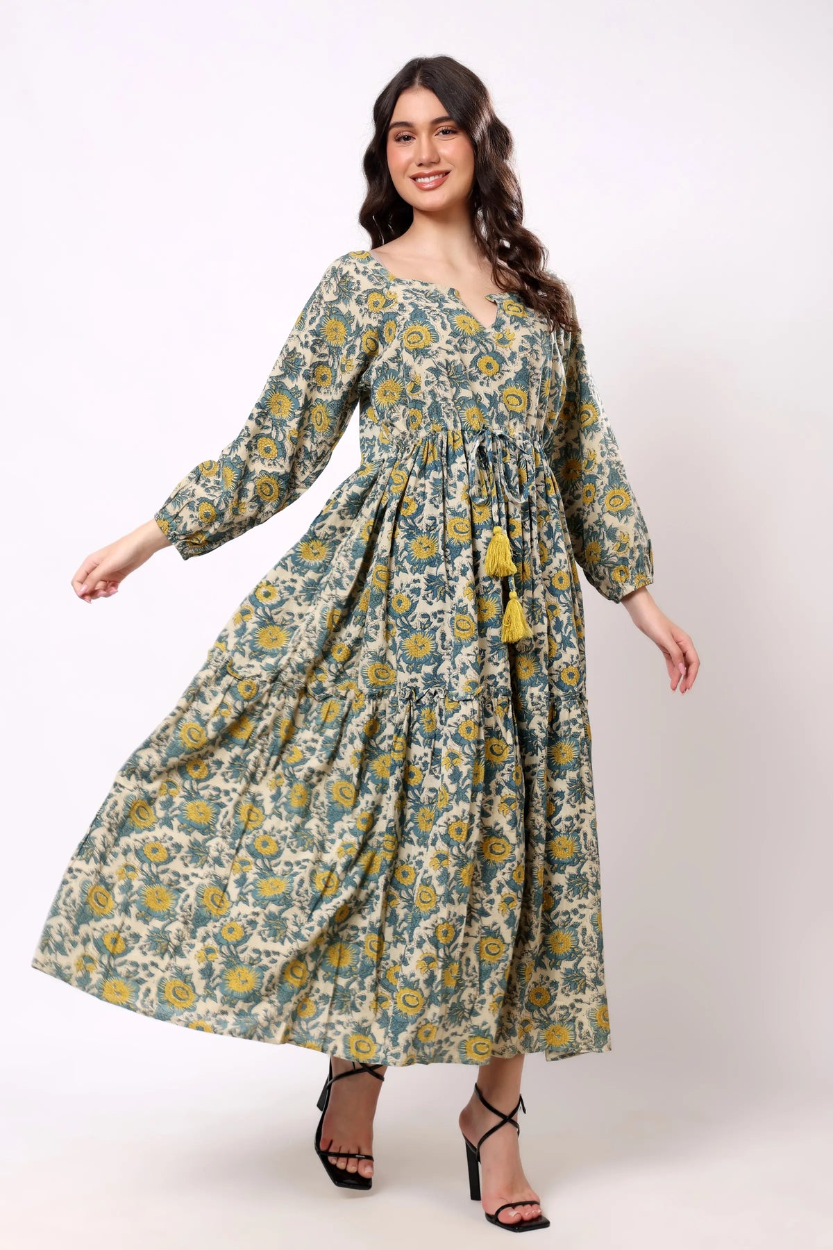 Sajag Blue Floral Gathered-Waist Tiered Maxi Dress
