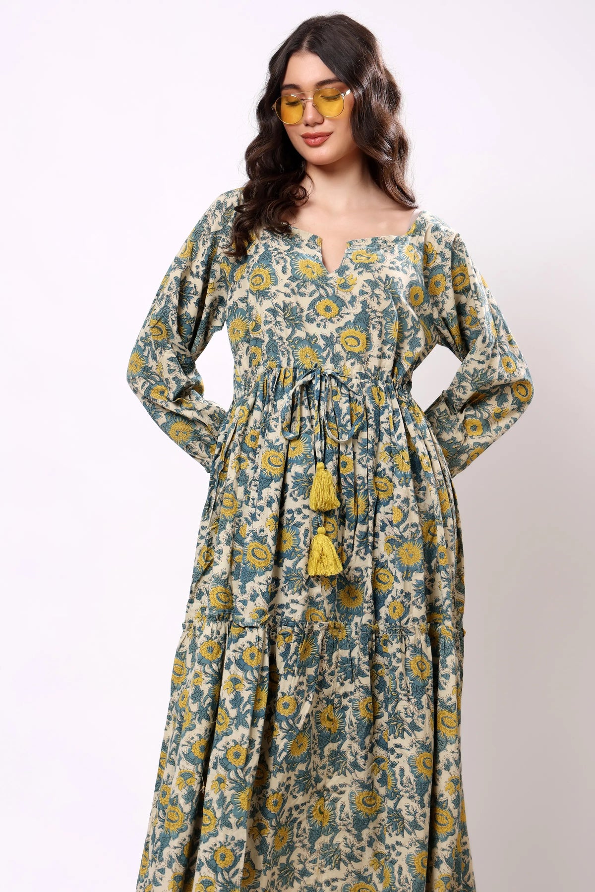 Sajag Blue Floral Gathered-Waist Tiered Maxi Dress