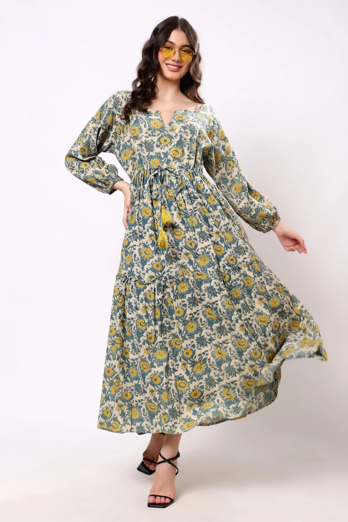 Sajag Blue Floral Gathered-Waist Tiered Maxi Dress