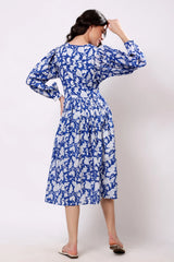 Sajag Blue Floral Print Gathered-Waist Midi Dress