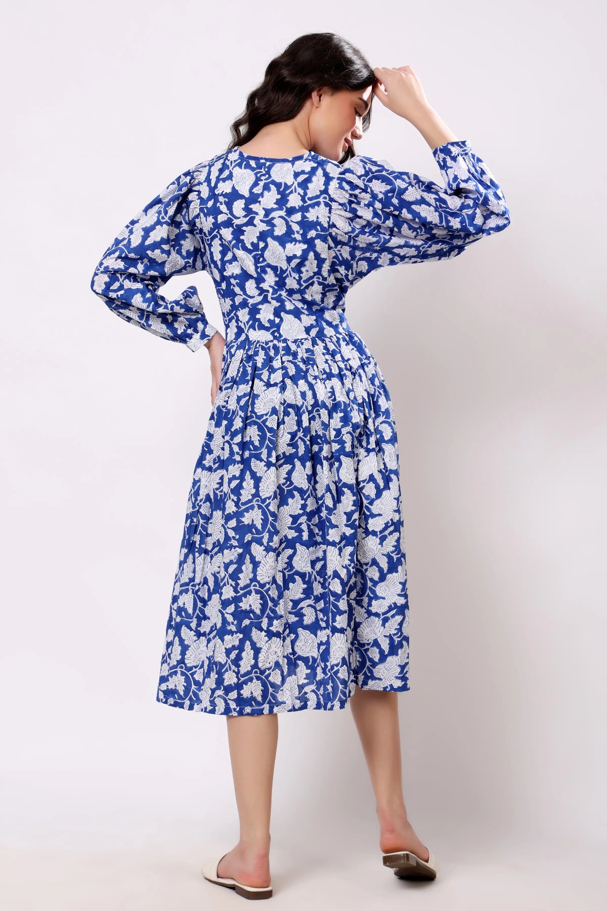 Sajag Blue Floral Print Gathered-Waist Midi Dress