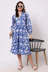 Sajag Blue Floral Print Gathered-Waist Midi Dress