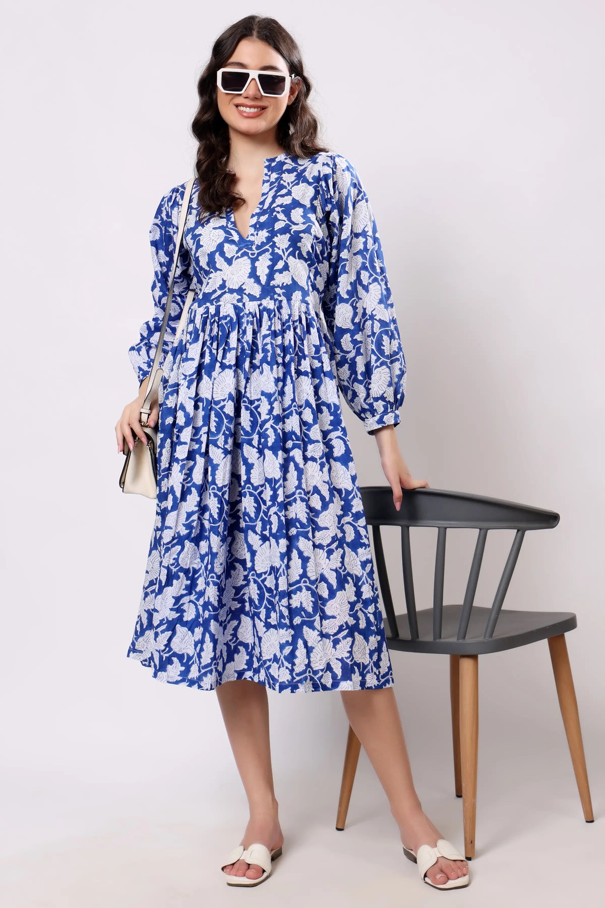 Sajag Blue Floral Print Gathered-Waist Midi Dress