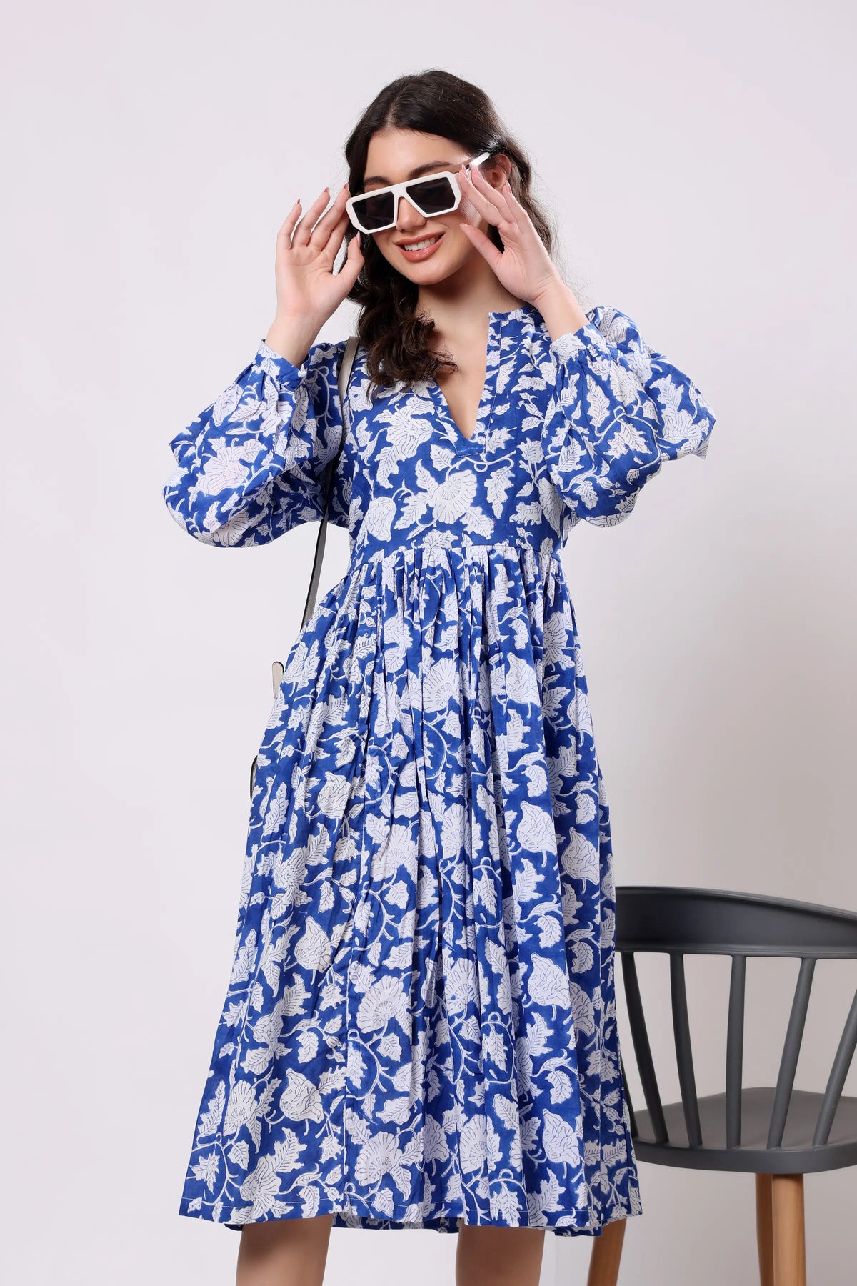 Sajag Blue Floral Print Gathered-Waist Midi Dress