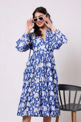 Sajag Blue Floral Print Gathered-Waist Midi Dress