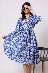 Sajag Blue Floral Print Gathered-Waist Midi Dress