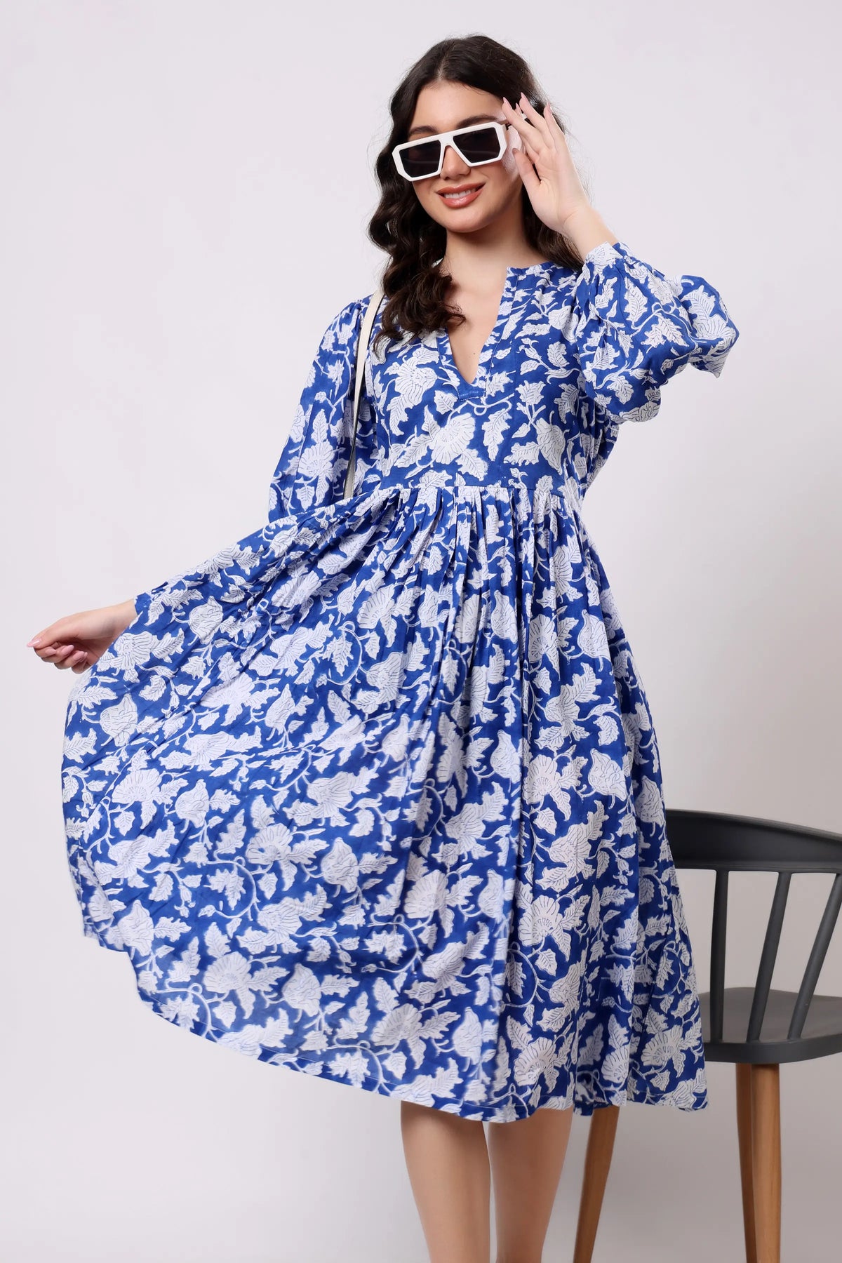 Sajag Blue Floral Print Gathered-Waist Midi Dress