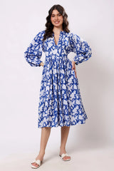 Sajag Blue Floral Print Gathered-Waist Midi Dress