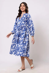 Sajag Blue Floral Print Gathered-Waist Midi Dress