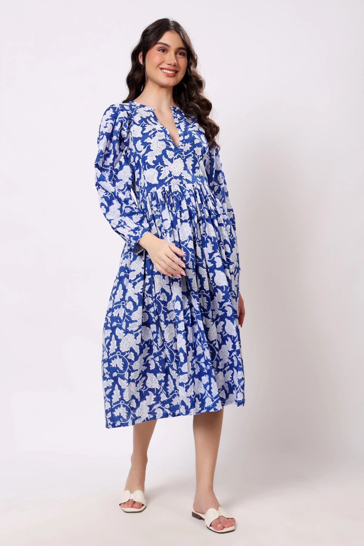 Sajag Blue Floral Print Gathered-Waist Midi Dress