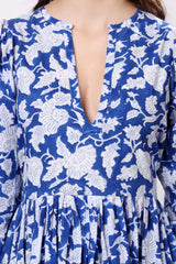 Sajag Blue Floral Print Gathered-Waist Midi Dress