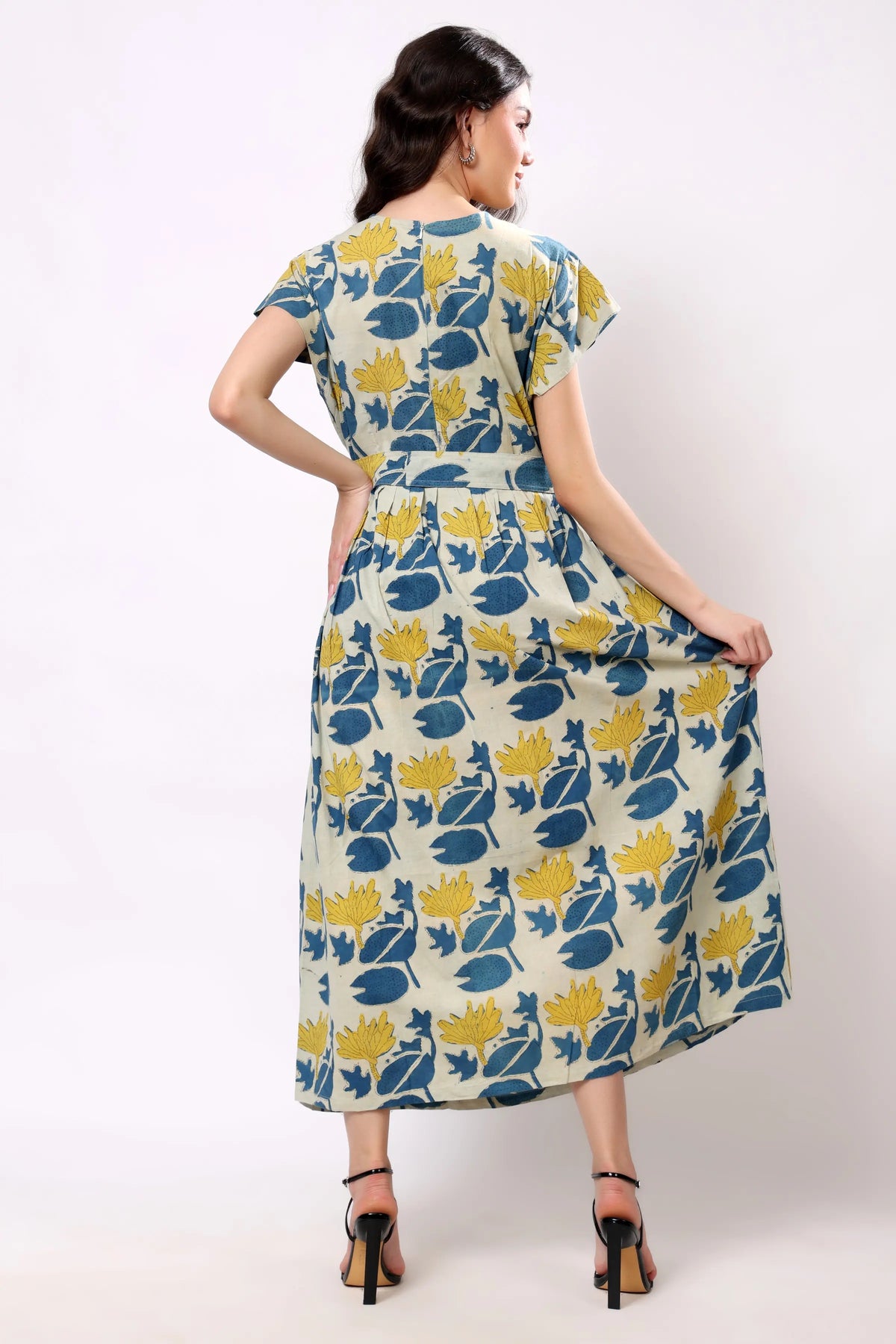 Sajag Ivory Blue Floral Tie-Waist Midi Dress
