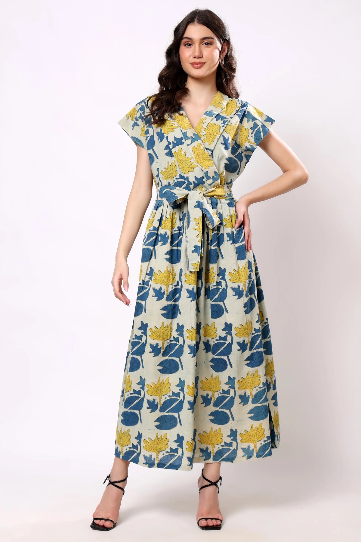 Sajag Ivory Blue Floral Tie-Waist Midi Dress