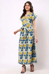 Sajag Ivory Blue Floral Tie-Waist Midi Dress