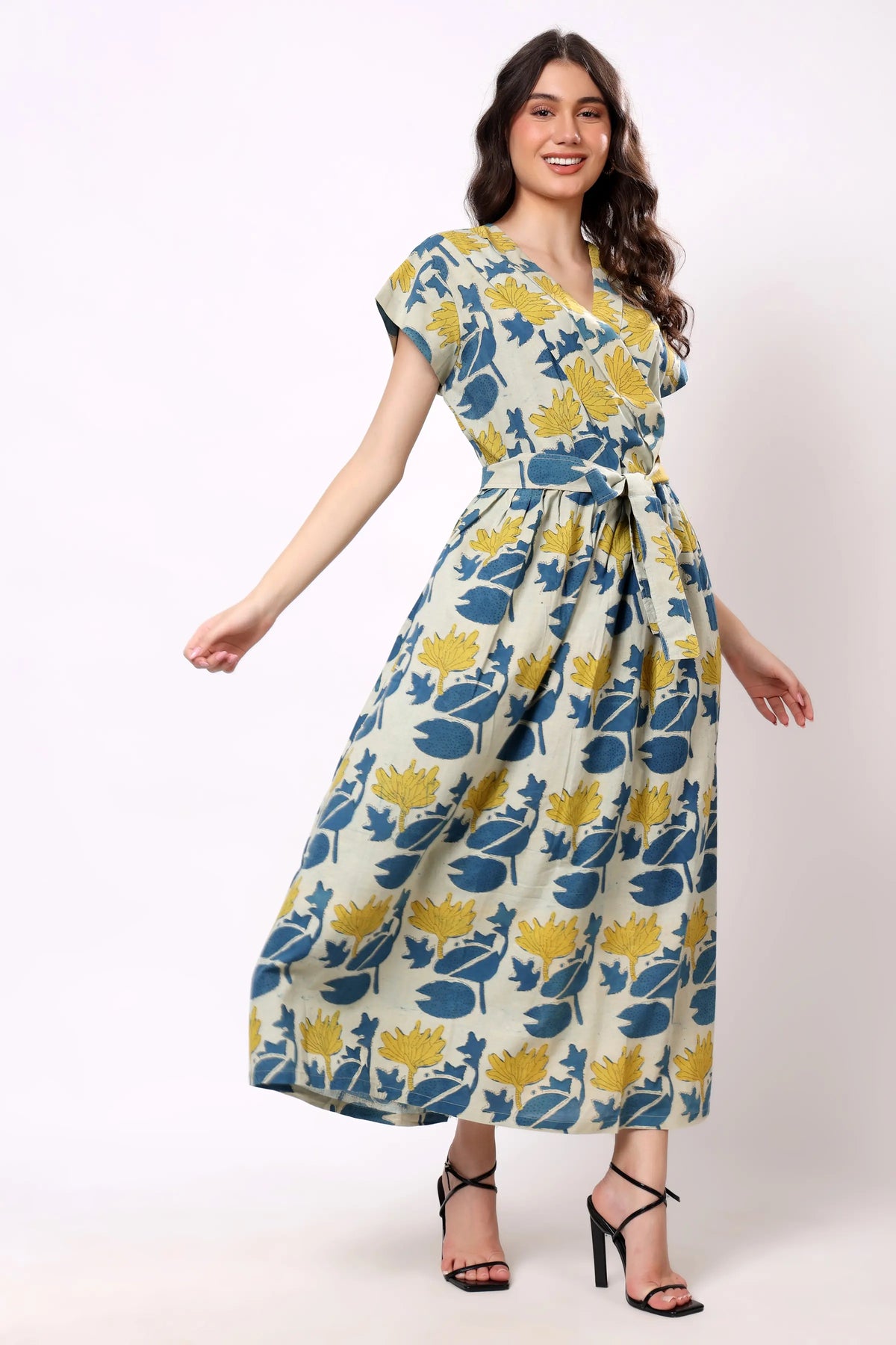 Sajag Ivory Blue Floral Tie-Waist Midi Dress