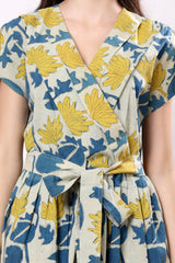 Sajag Ivory Blue Floral Tie-Waist Midi Dress