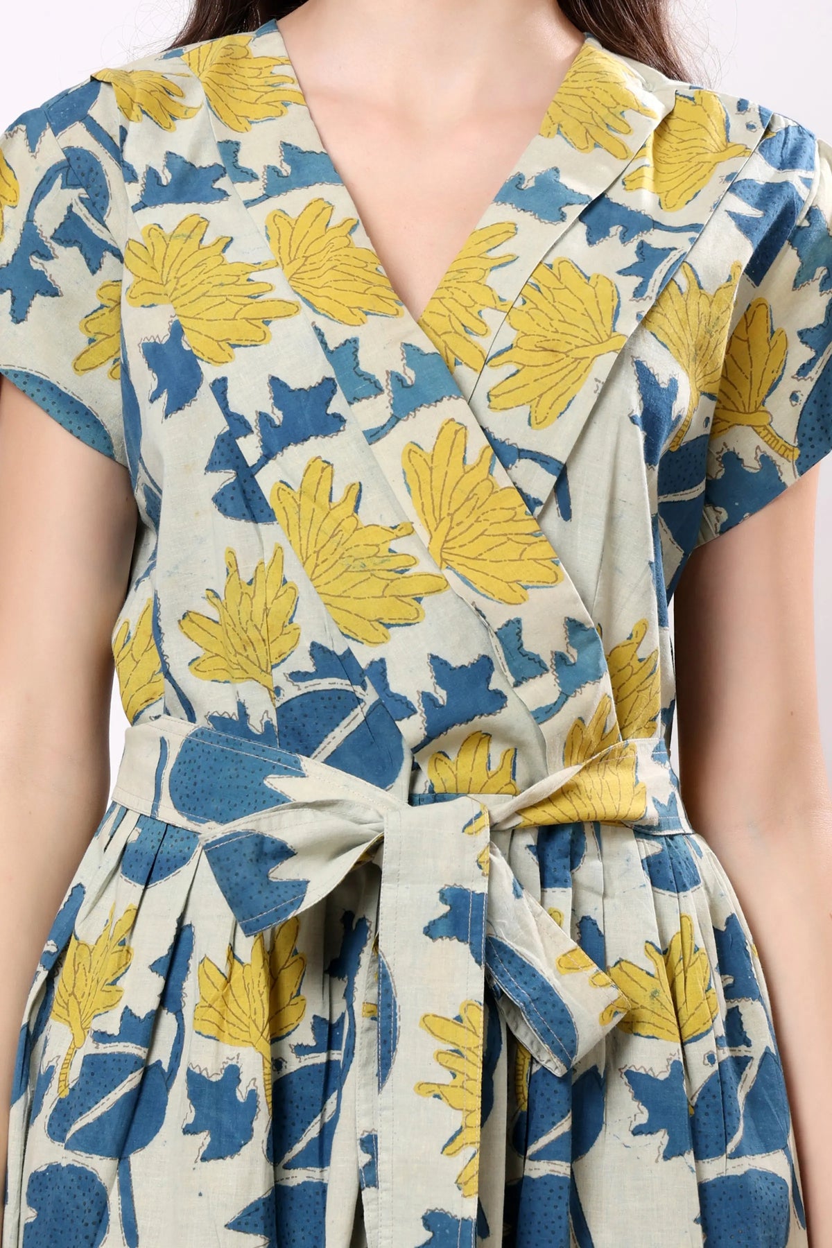 Sajag Ivory Blue Floral Tie-Waist Midi Dress