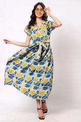 Sajag Ivory Blue Floral Tie-Waist Midi Dress