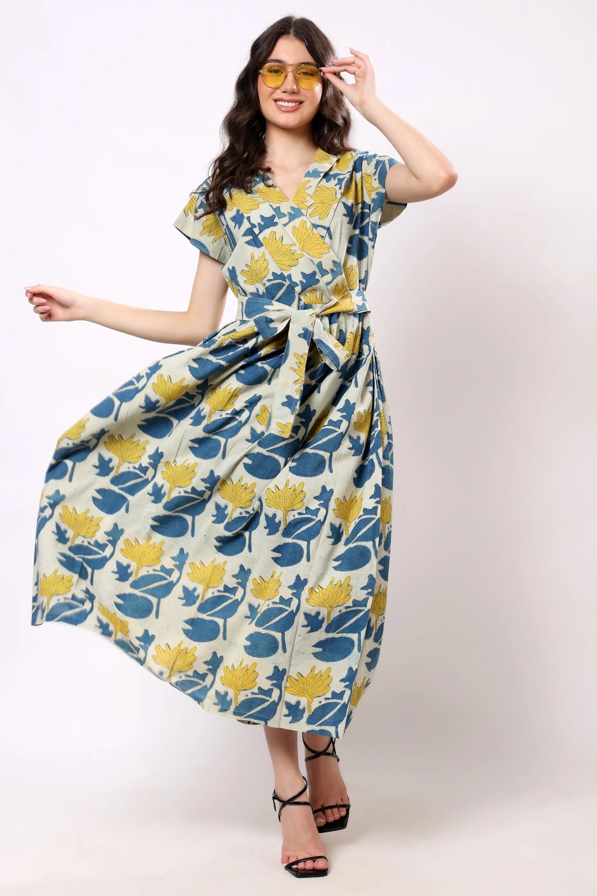 Sajag Ivory Blue Floral Tie-Waist Midi Dress