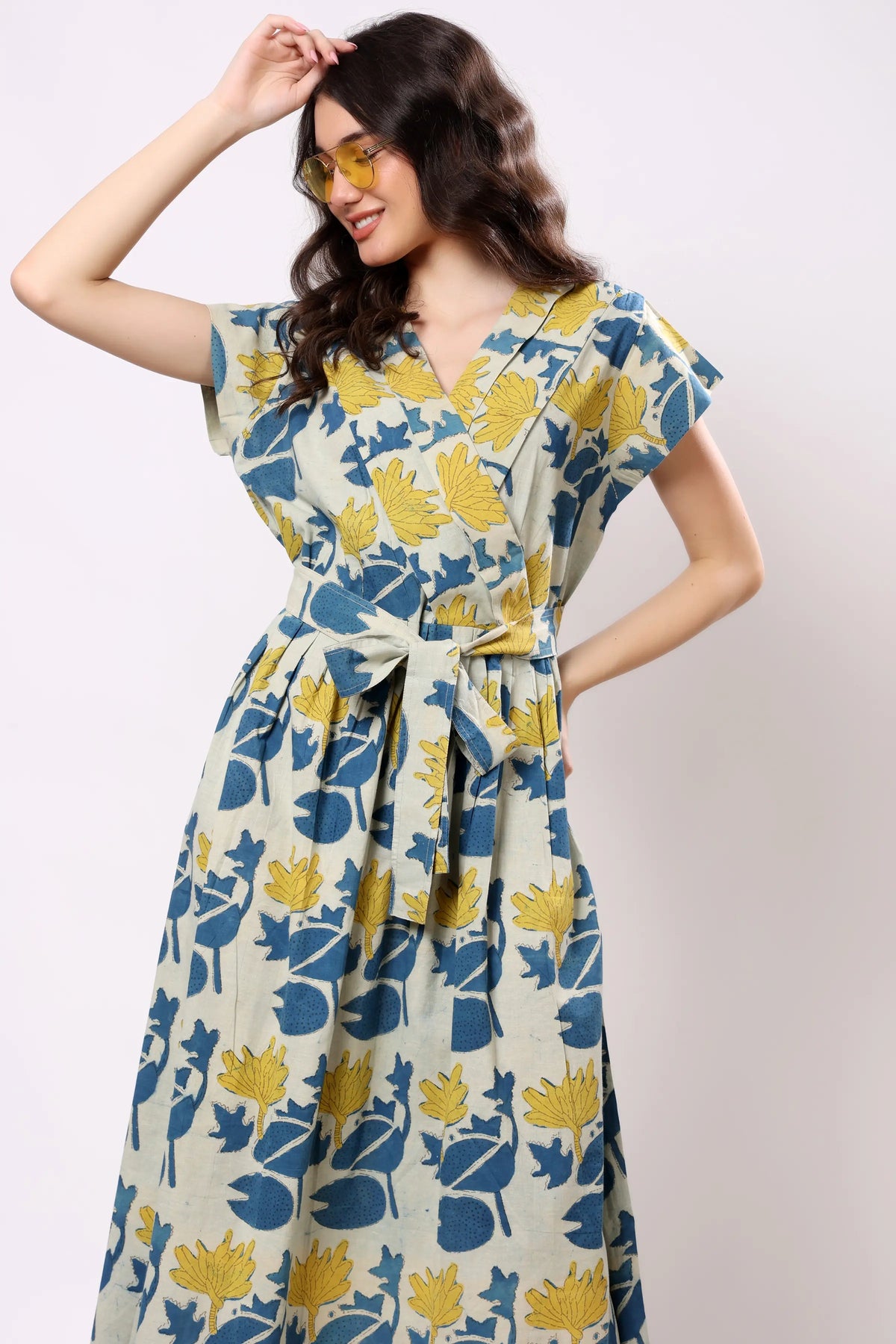Sajag Ivory Blue Floral Tie-Waist Midi Dress