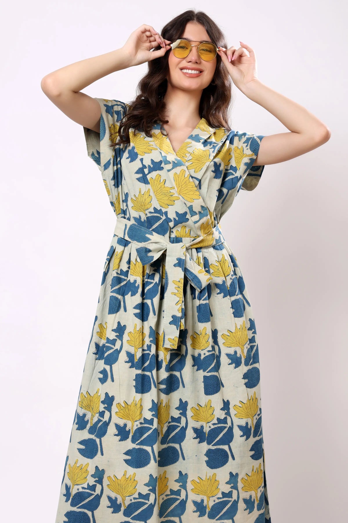 Sajag Ivory Blue Floral Tie-Waist Midi Dress