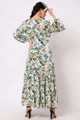 Sajag Ivory Tropical Bloom Print Flared Midi Dress