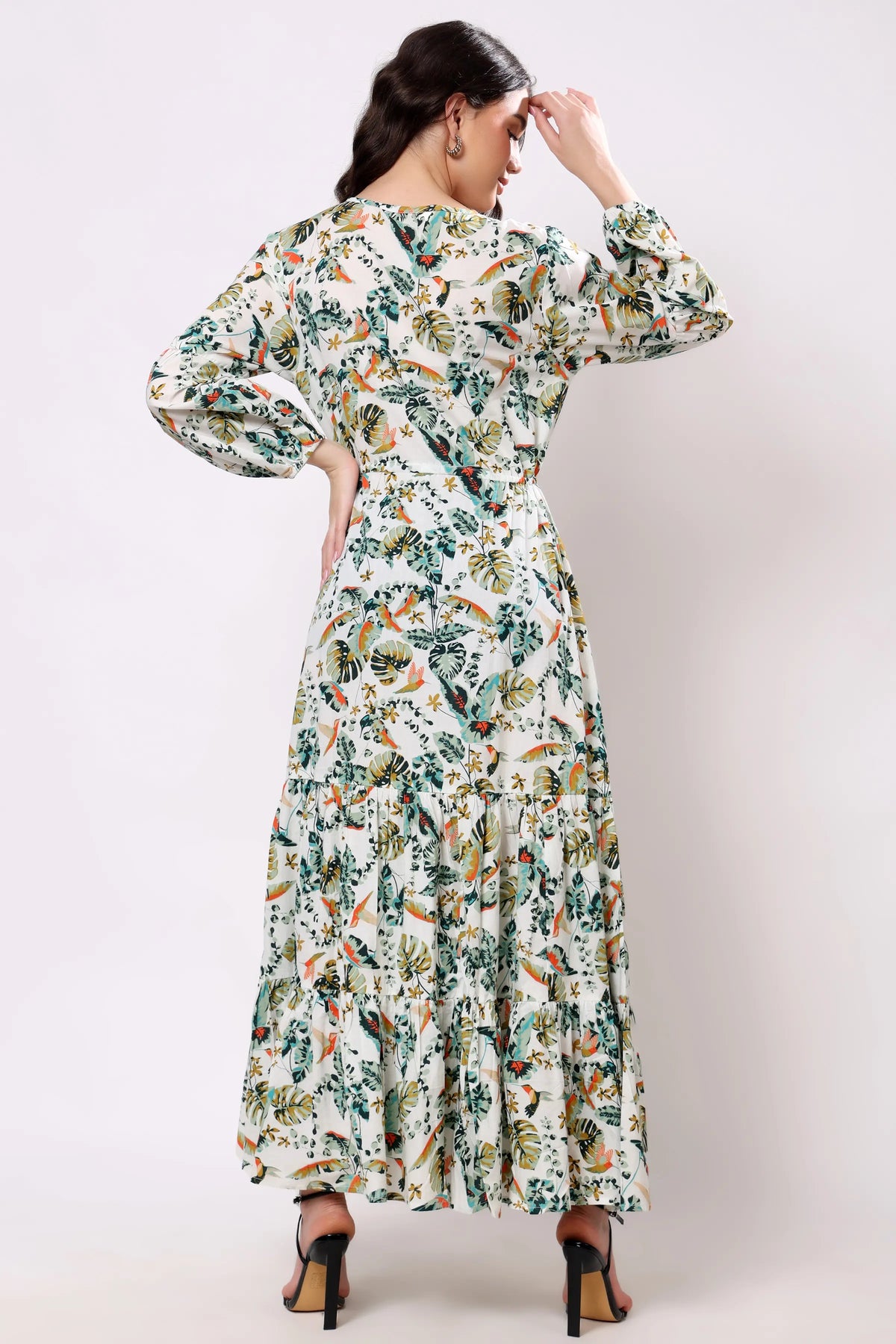 Sajag Ivory Tropical Bloom Print Flared Midi Dress
