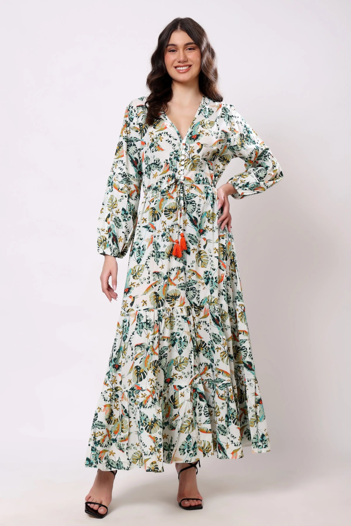 Sajag Ivory Tropical Bloom Print Flared Midi Dress