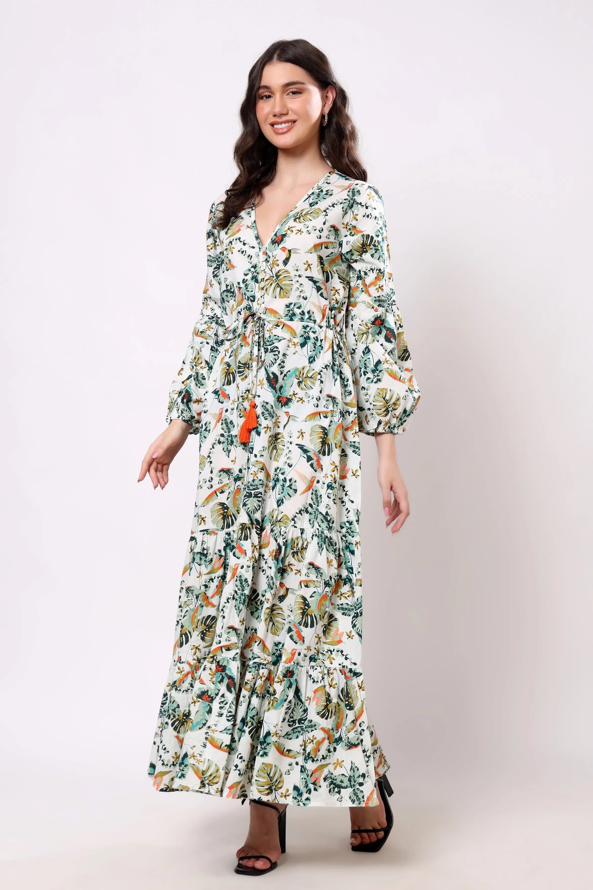 Sajag Ivory Tropical Bloom Print Flared Midi Dress