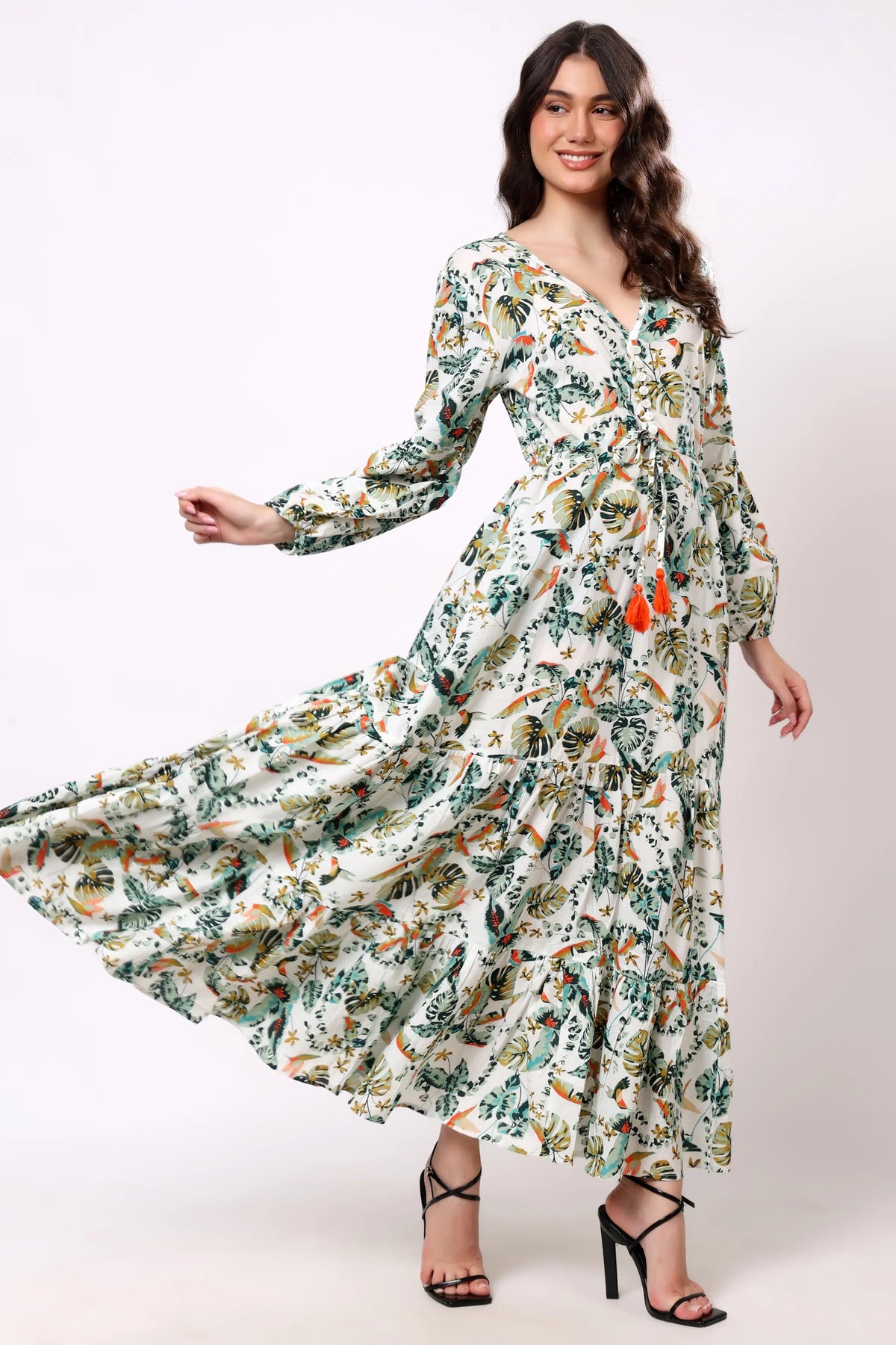 Sajag Ivory Tropical Bloom Print Flared Midi Dress