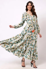 Sajag Ivory Tropical Bloom Print Flared Midi Dress