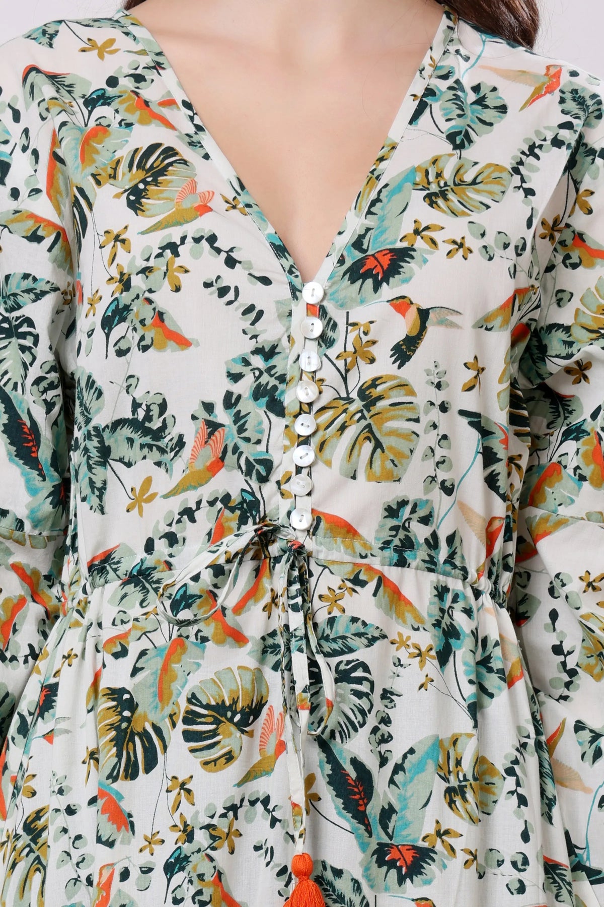Sajag Ivory Tropical Bloom Print Flared Midi Dress
