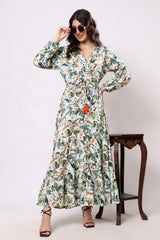 Sajag Ivory Tropical Bloom Print Flared Midi Dress