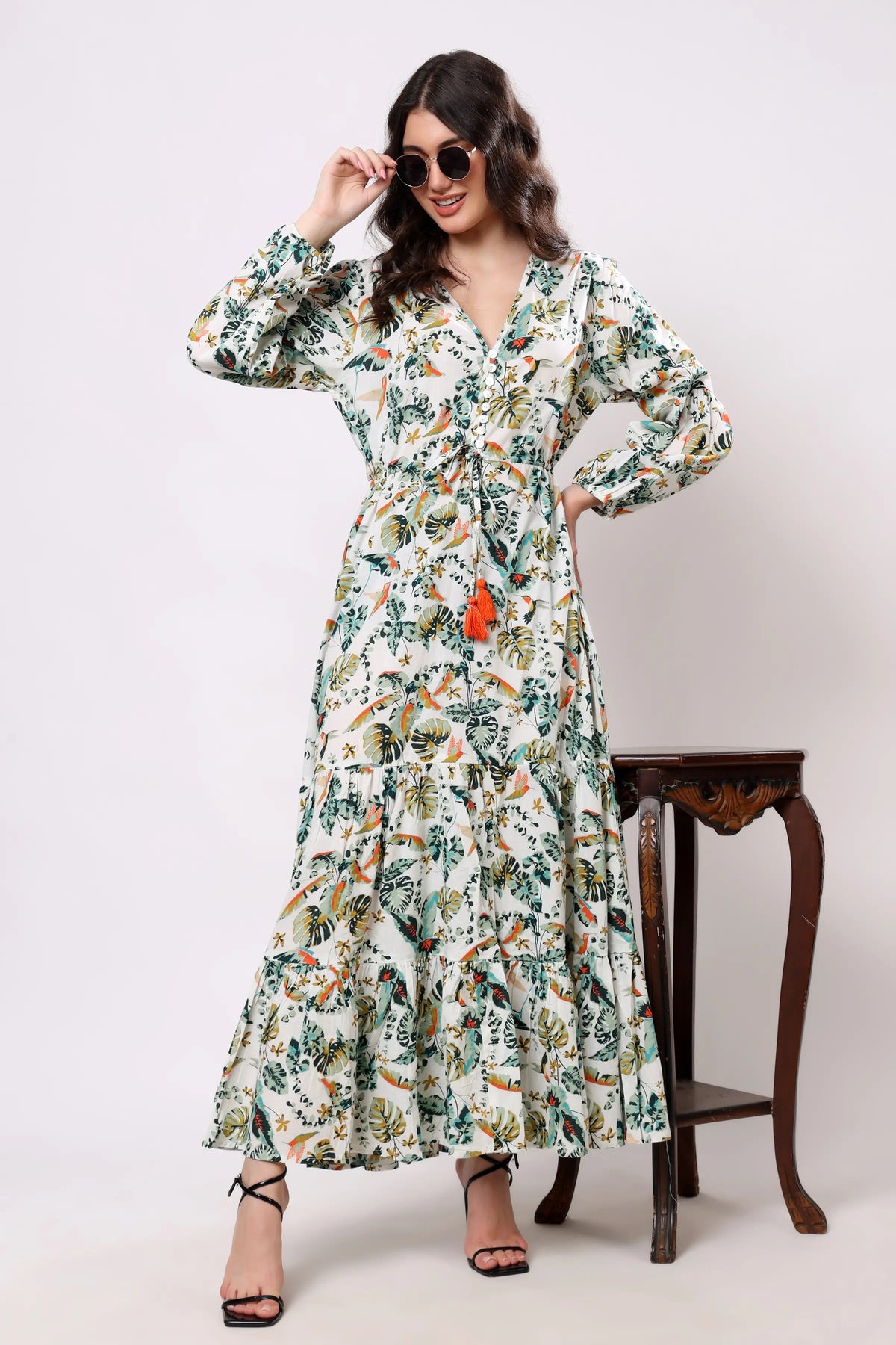 Sajag Ivory Tropical Bloom Print Flared Midi Dress