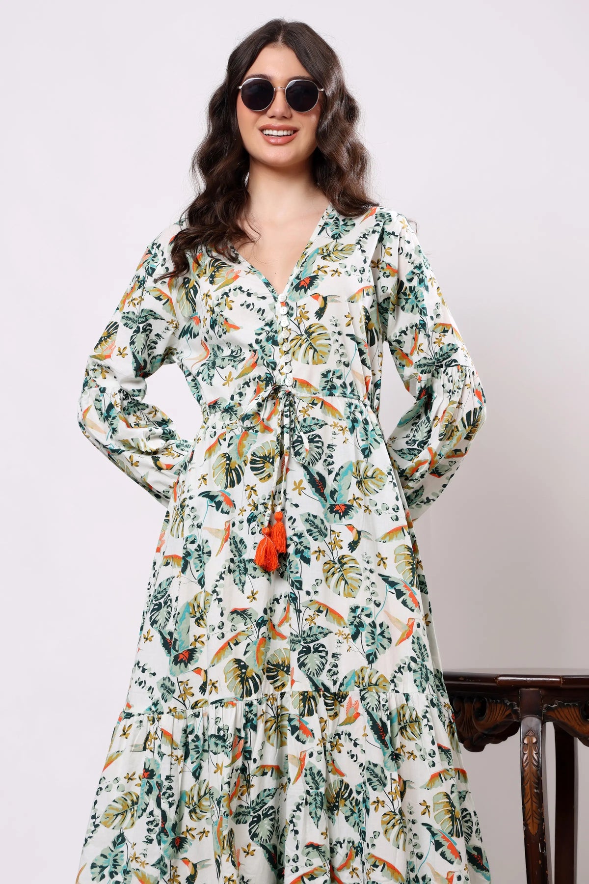 Sajag Ivory Tropical Bloom Print Flared Midi Dress
