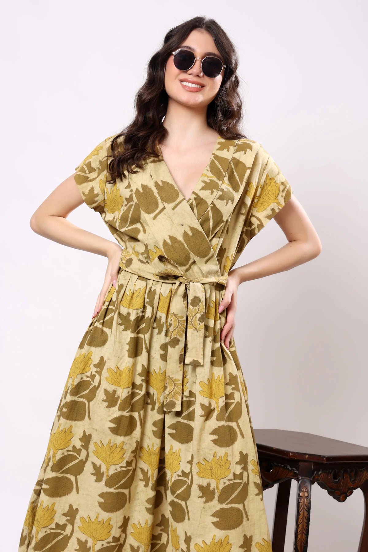 Sajag Mustard Botanical Print Wrap-Front Midi Dress